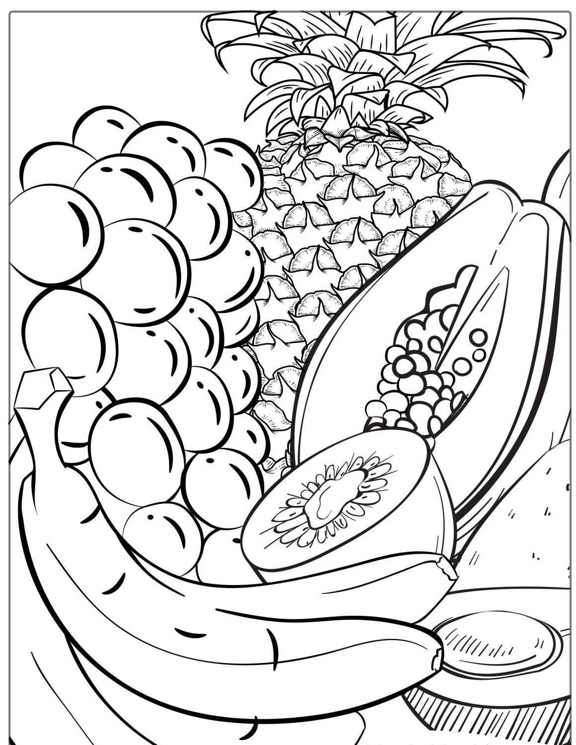 Desenho de várias frutas tropicais para colorir