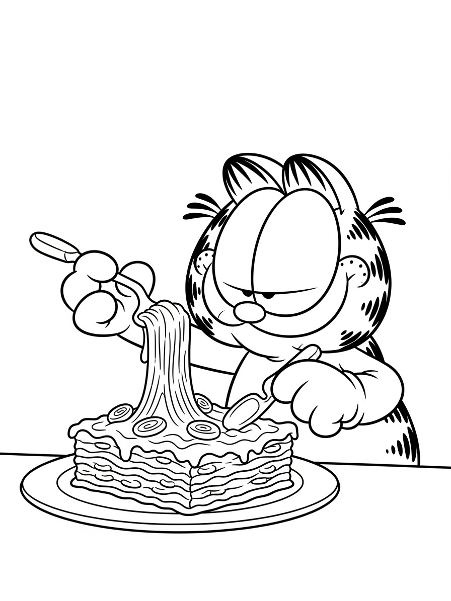 Desenho do Garfield comendo lasanha para colorir