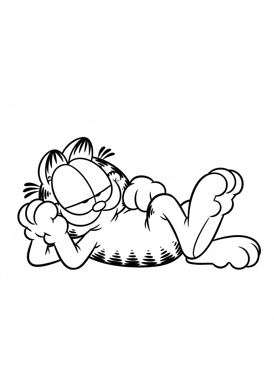 Desenho do Garfield descansando em posição relaxada para colorir