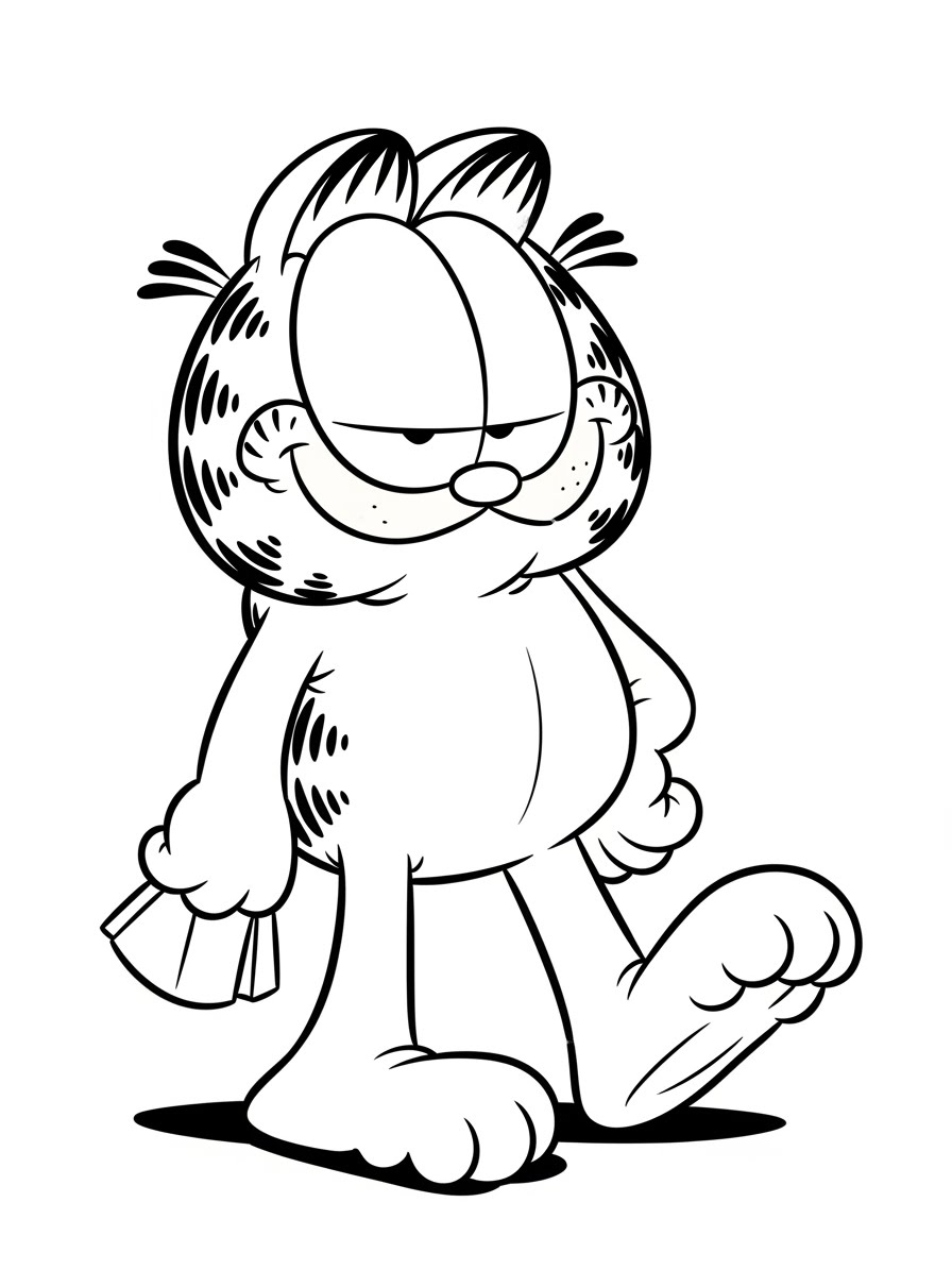 Desenho do Garfield caminhando com um sorriso para colorir