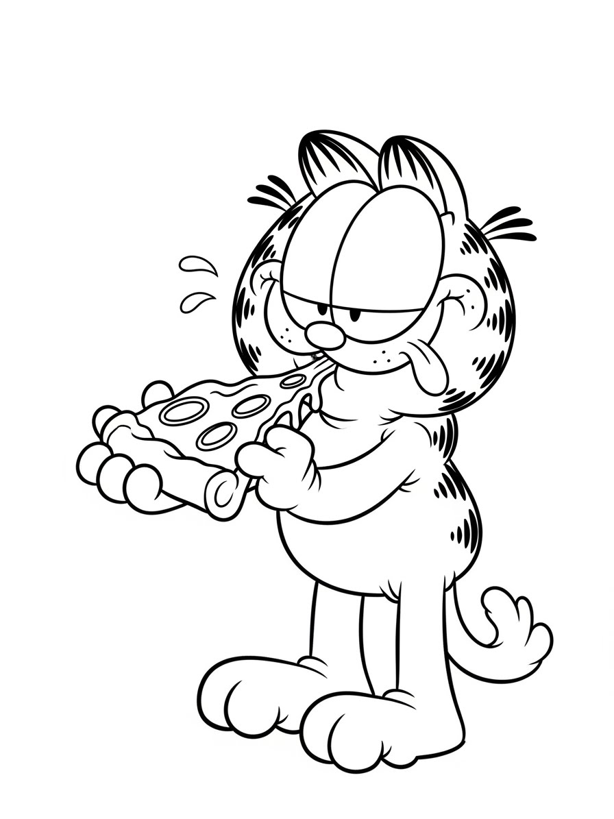 Desenho do Garfield comendo pizza para colorir