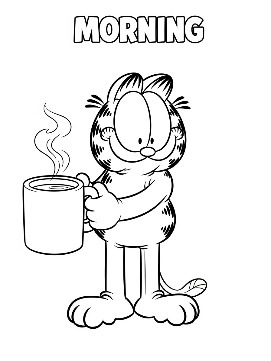 Desenho do Garfield segurando uma xícara de café para colorir