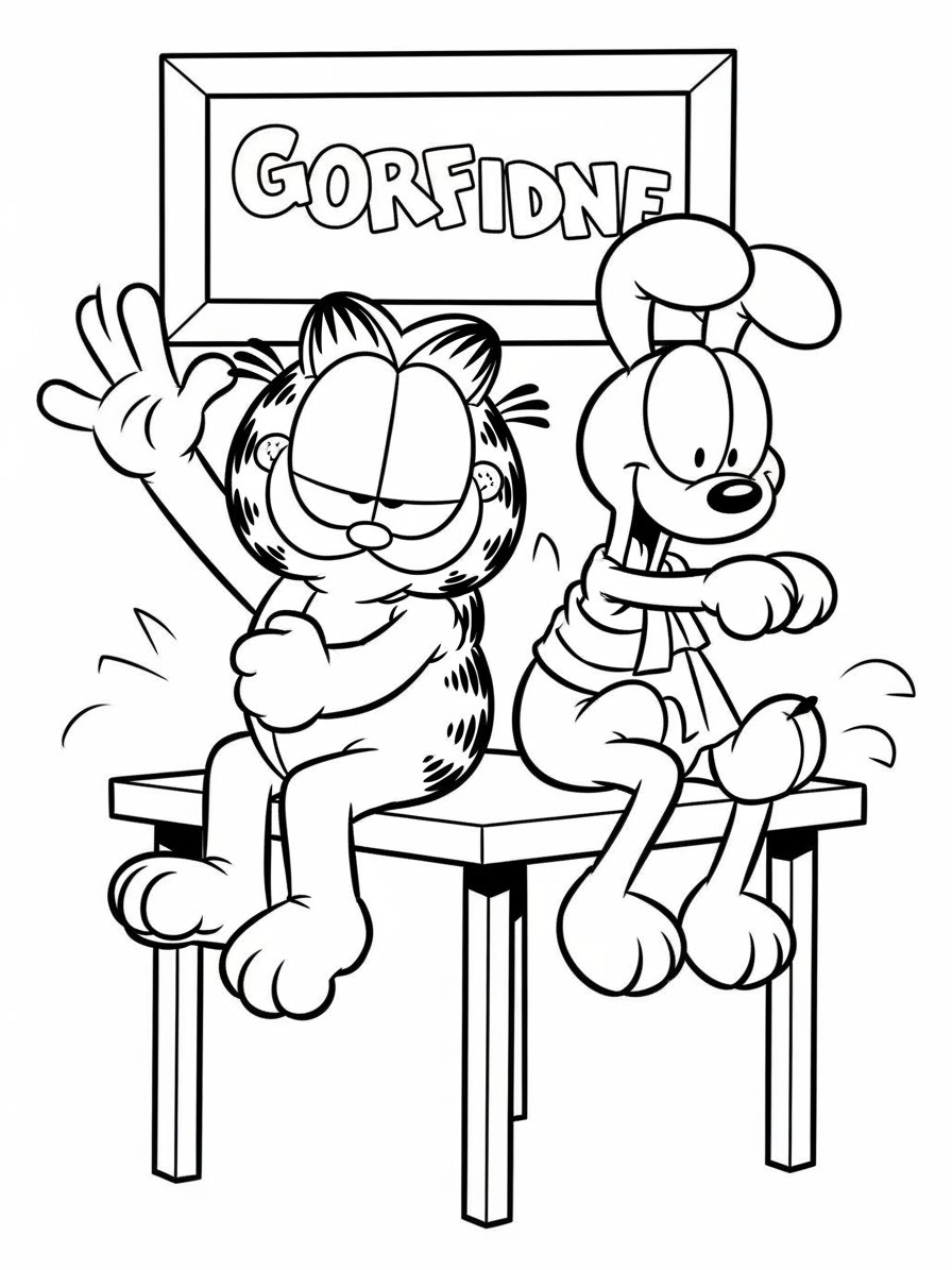 Desenho do Garfield e Odie sentados em uma mesa para colorir