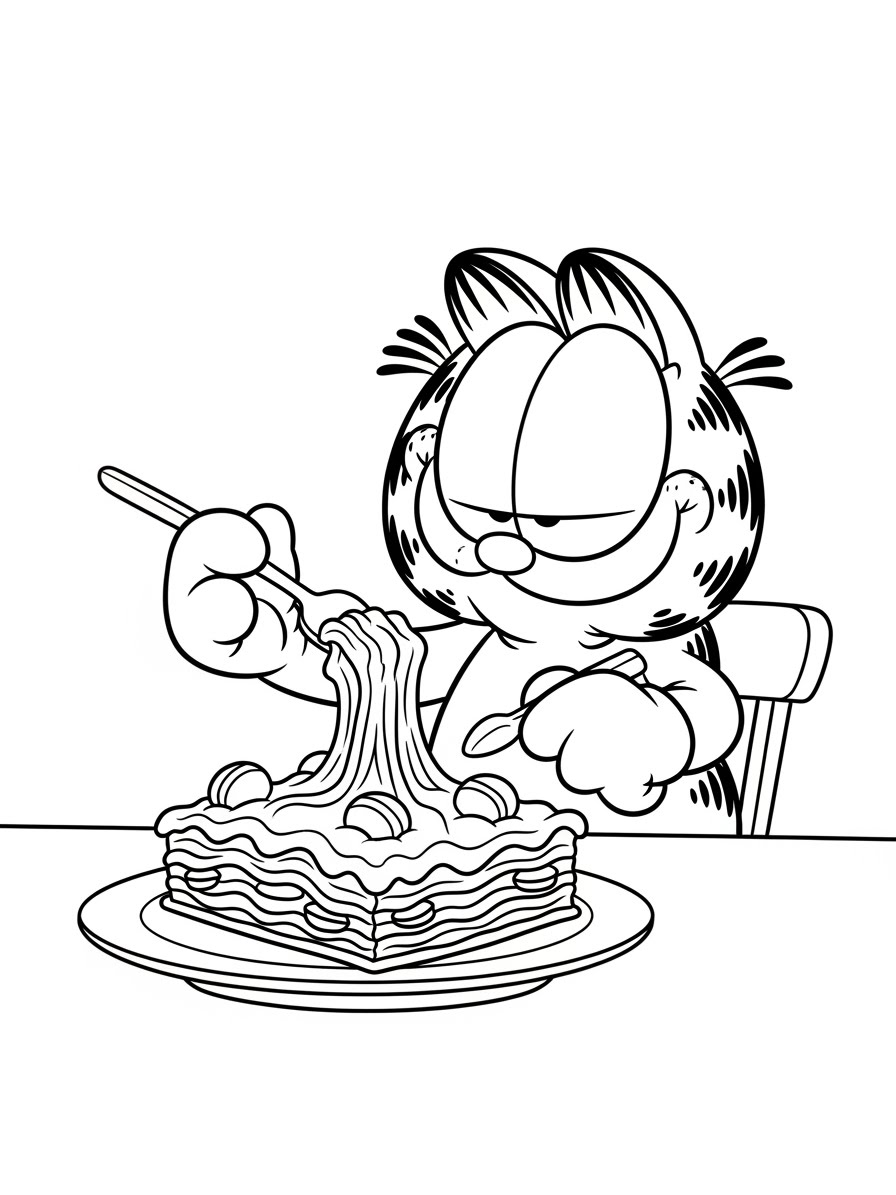 Desenho do Garfield comendo lasanha para colorir