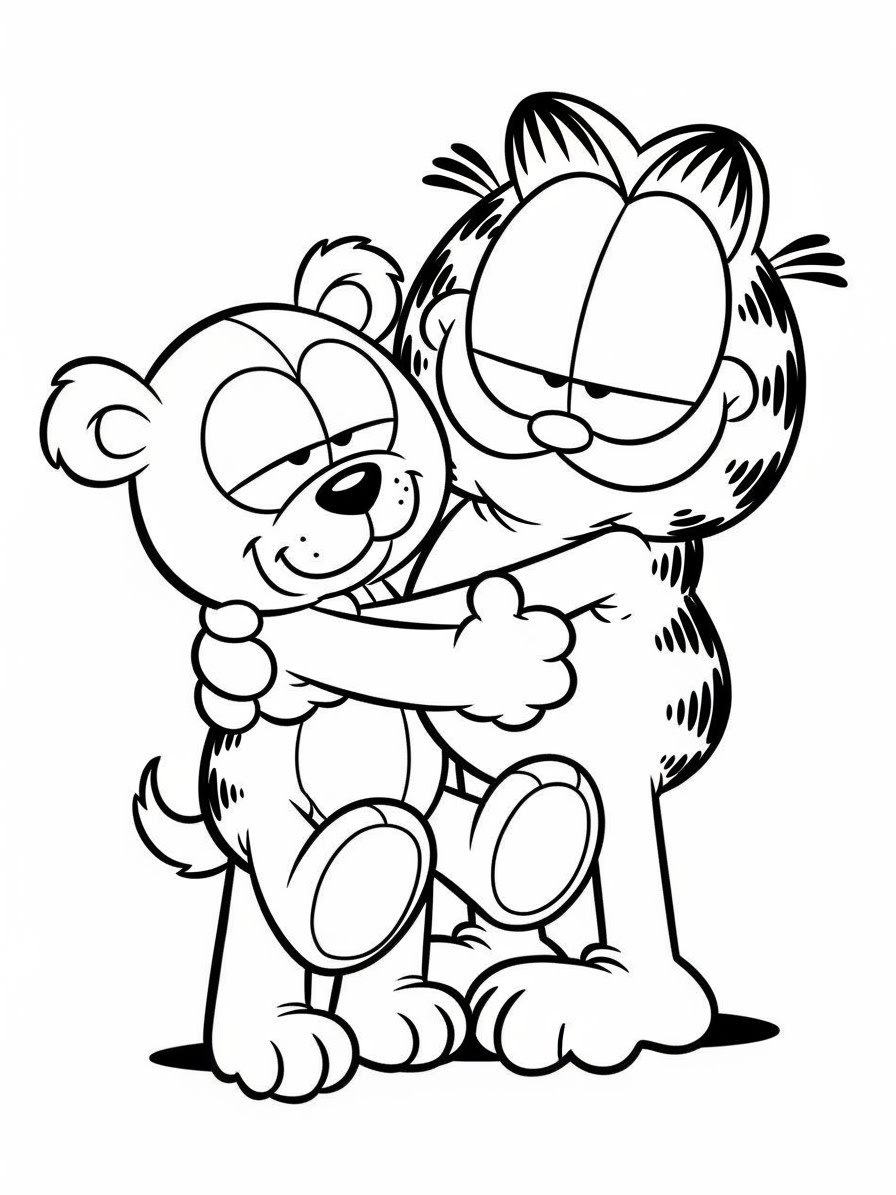 Desenho do Garfield abraçando o ursa para colorir