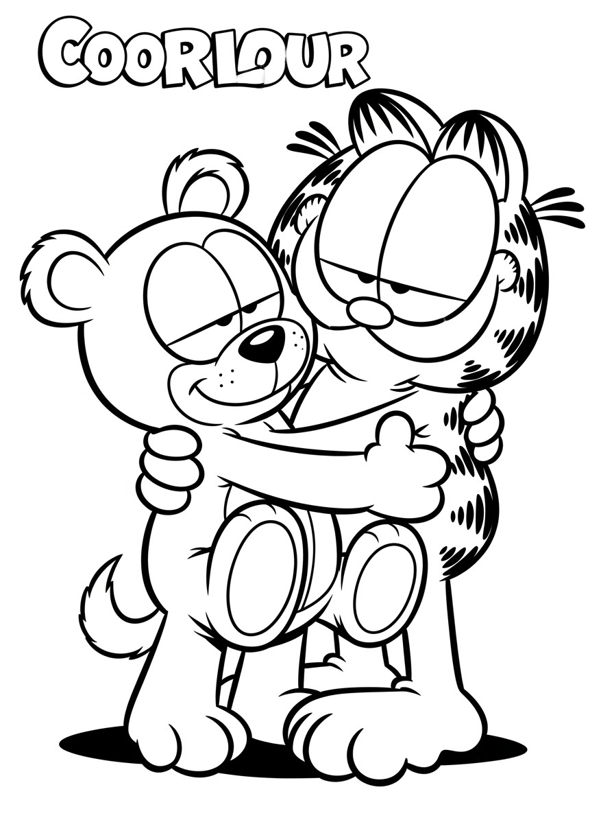 Desenho do Garfield abraçando um ursinho para colorir