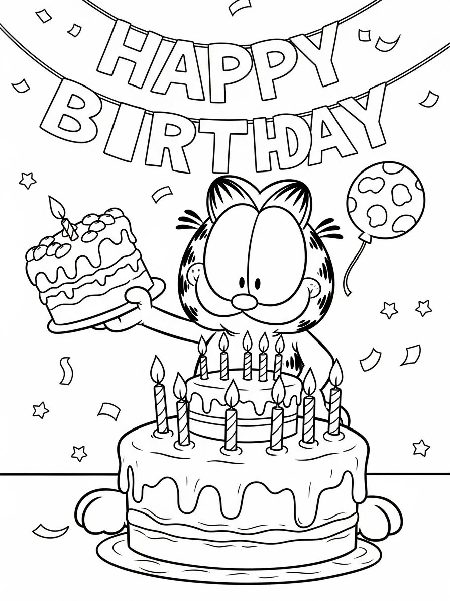 Desenho do Garfield comemorando aniversário para colorir