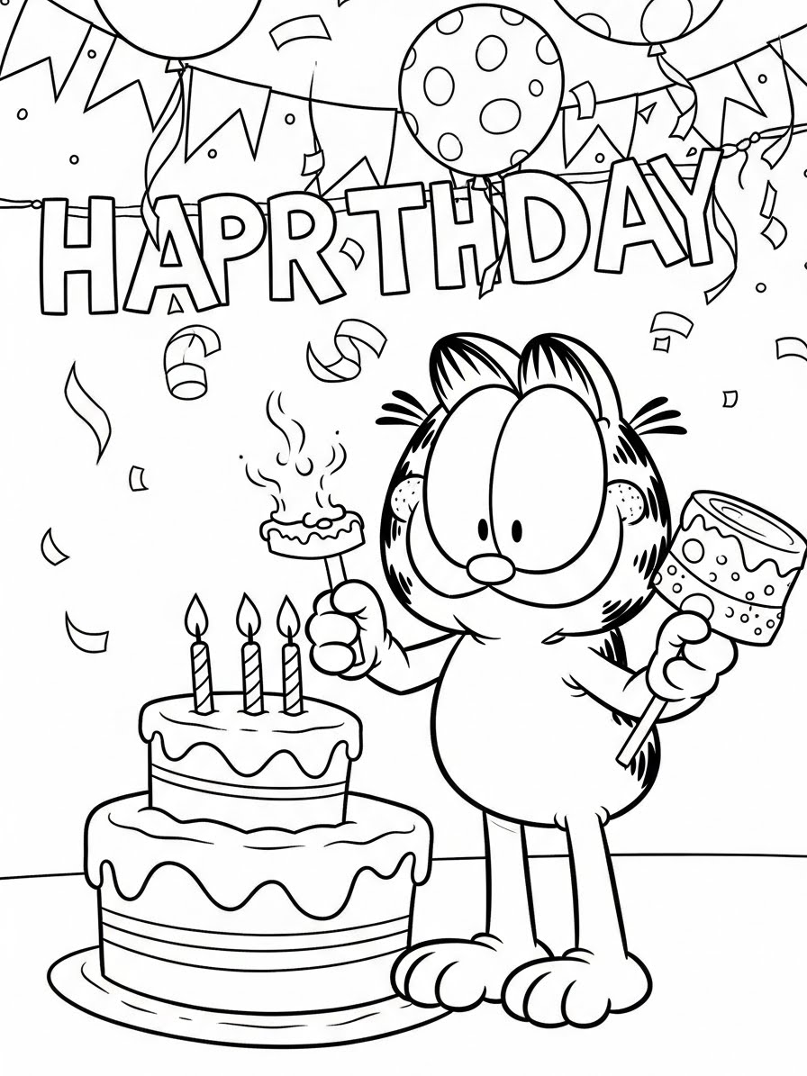 Desenho do Garfield comemorando aniversário para colorir