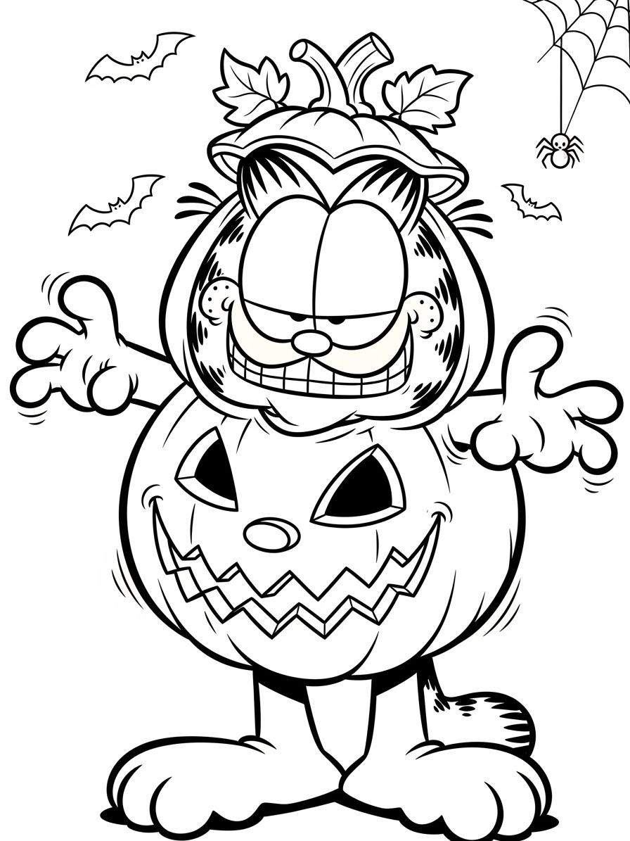 Desenho do Garfield vestido de abóbora para colorir