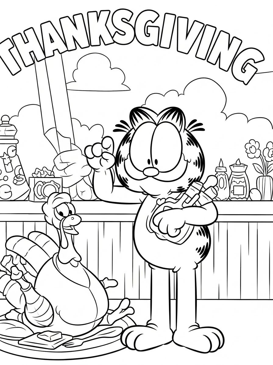 Desenho do Garfield celebrando o Dia de Ação de Graças