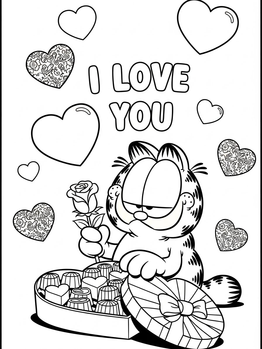 Desenho do Garfield segurando uma rosa e caixas de chocolates