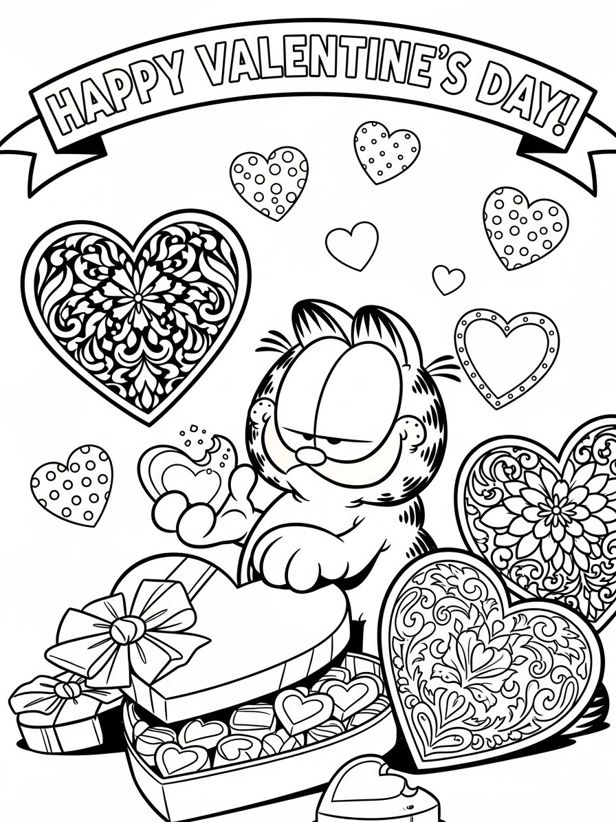 Desenho do Garfield comemorando o Dia dos Namorados para colorir