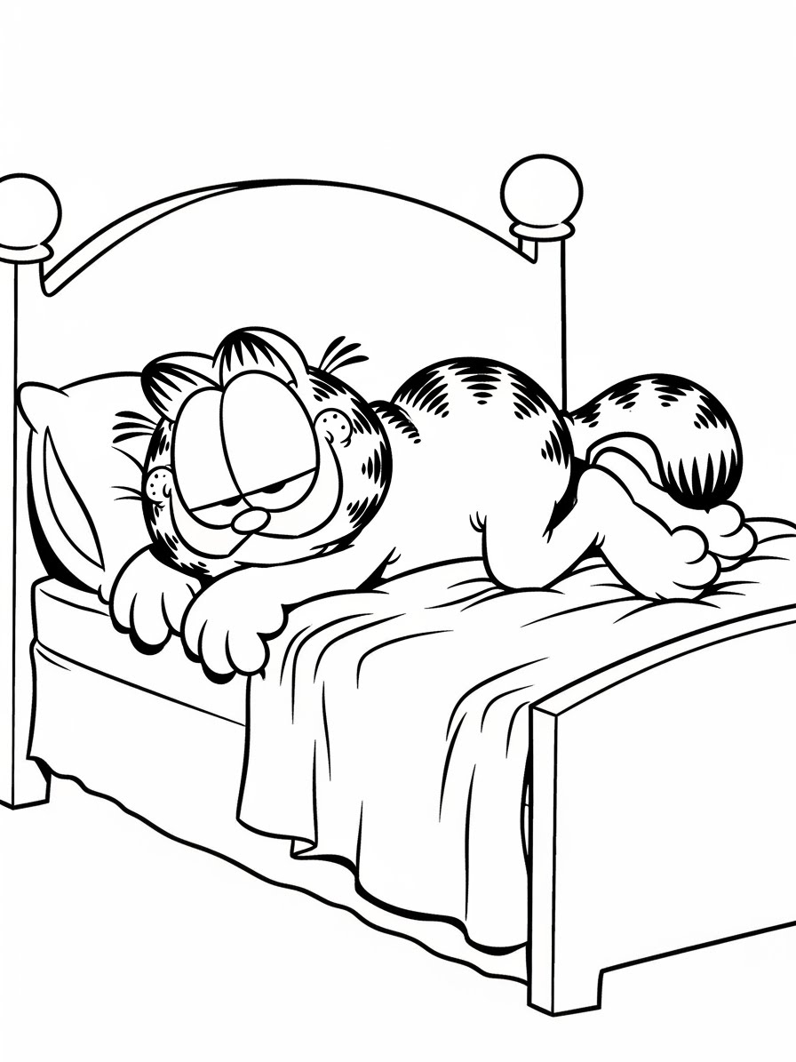 Desenho do Garfield dormindo na cama para colorir