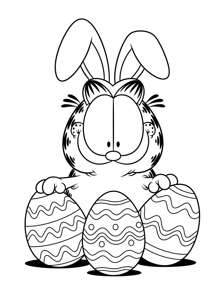 Desenho do Garfield vestido de coelho com ovos para colorir
