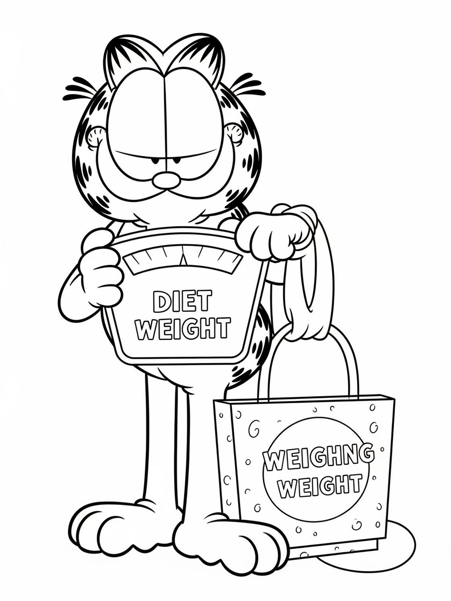 Desenho do Garfield pesado na balança para colorir