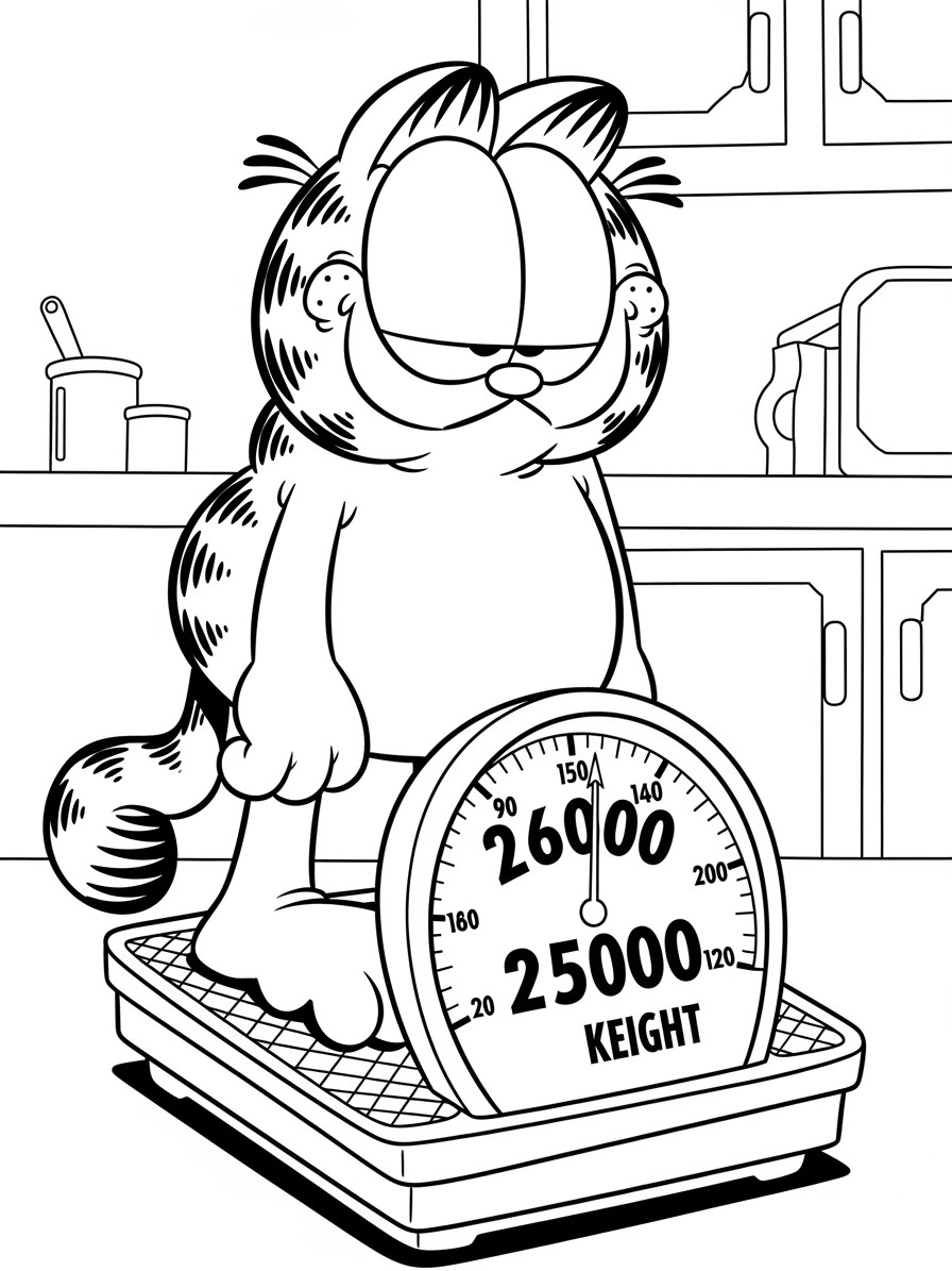 Desenho do Garfield pesando-se em uma balança para colorir