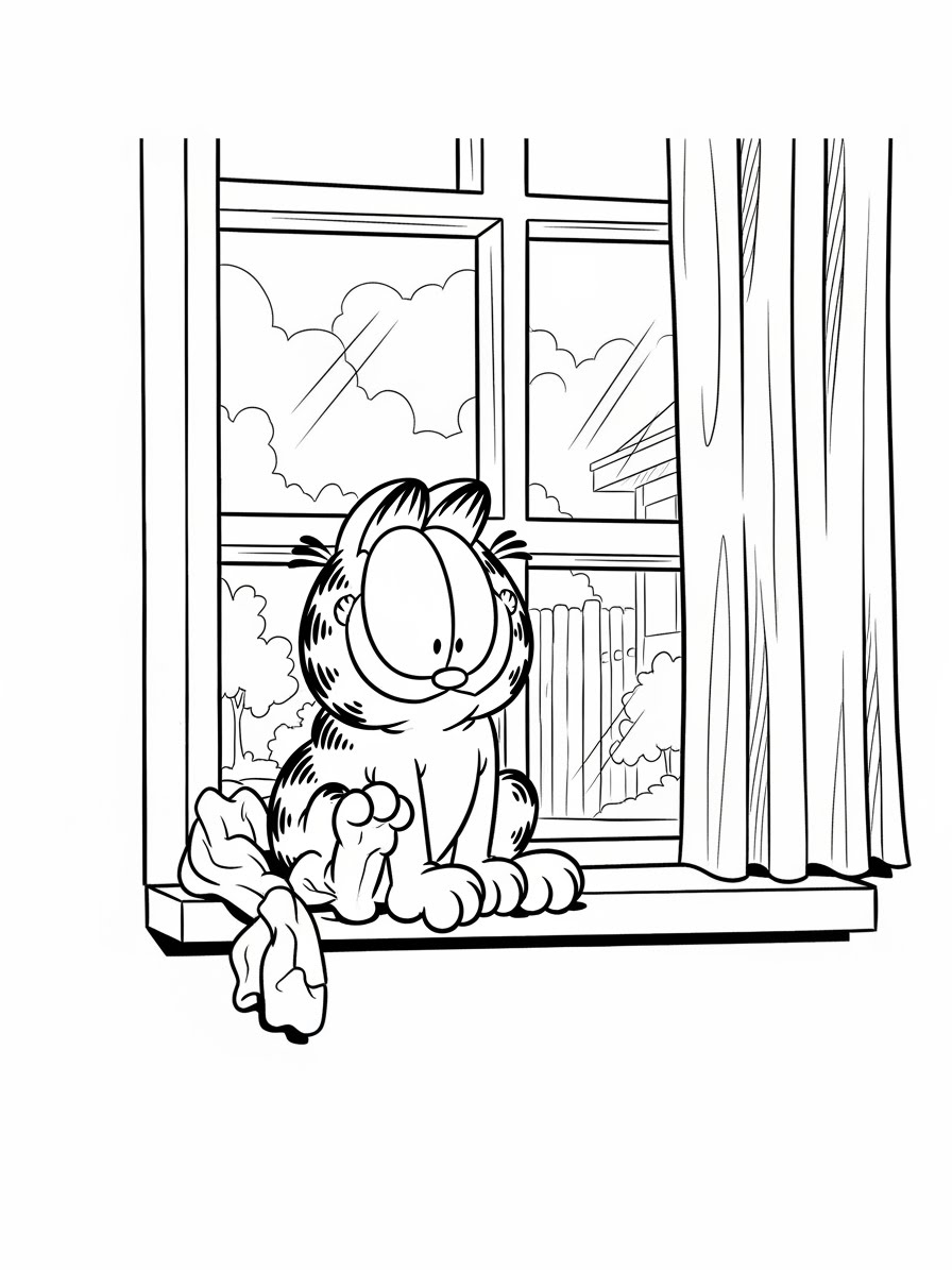 Desenho do Garfield sentado na janela para colorir