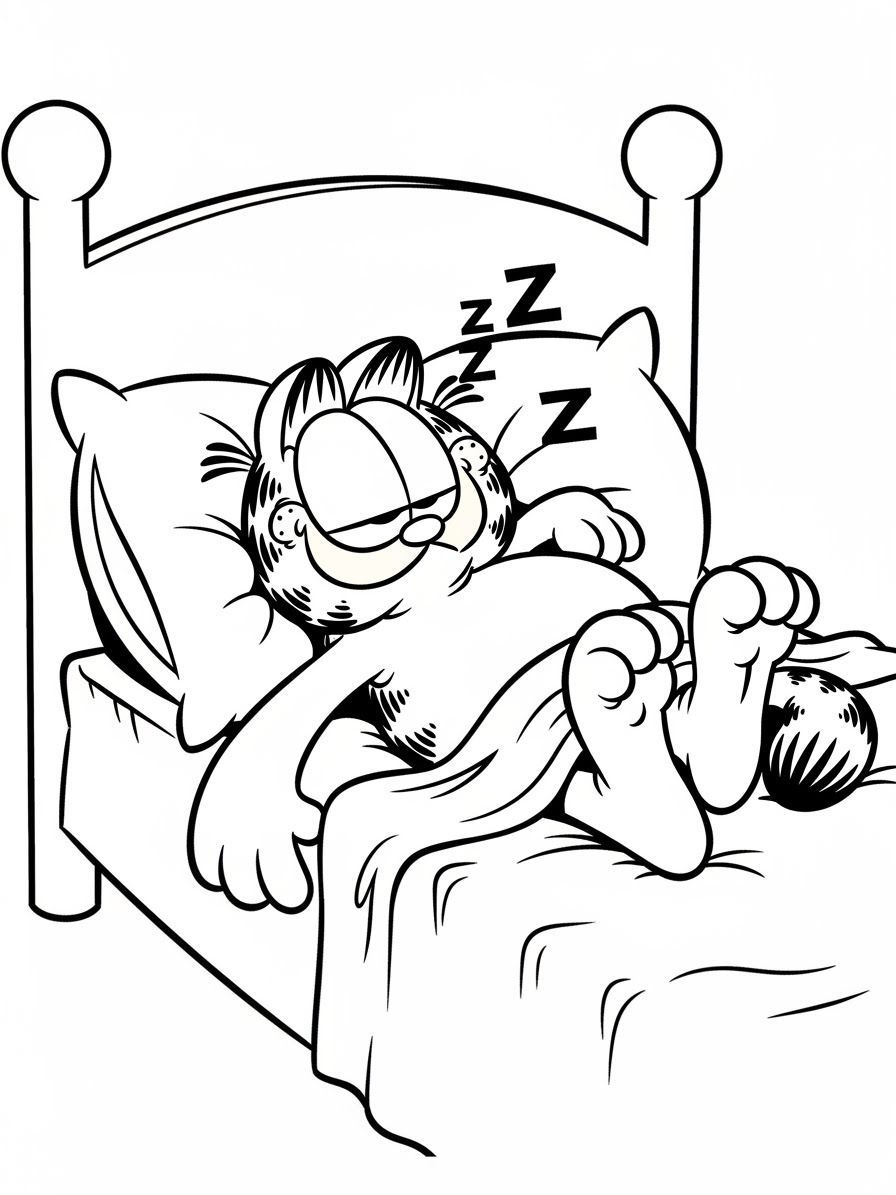 Desenho do Garfield dormindo na cama para colorir