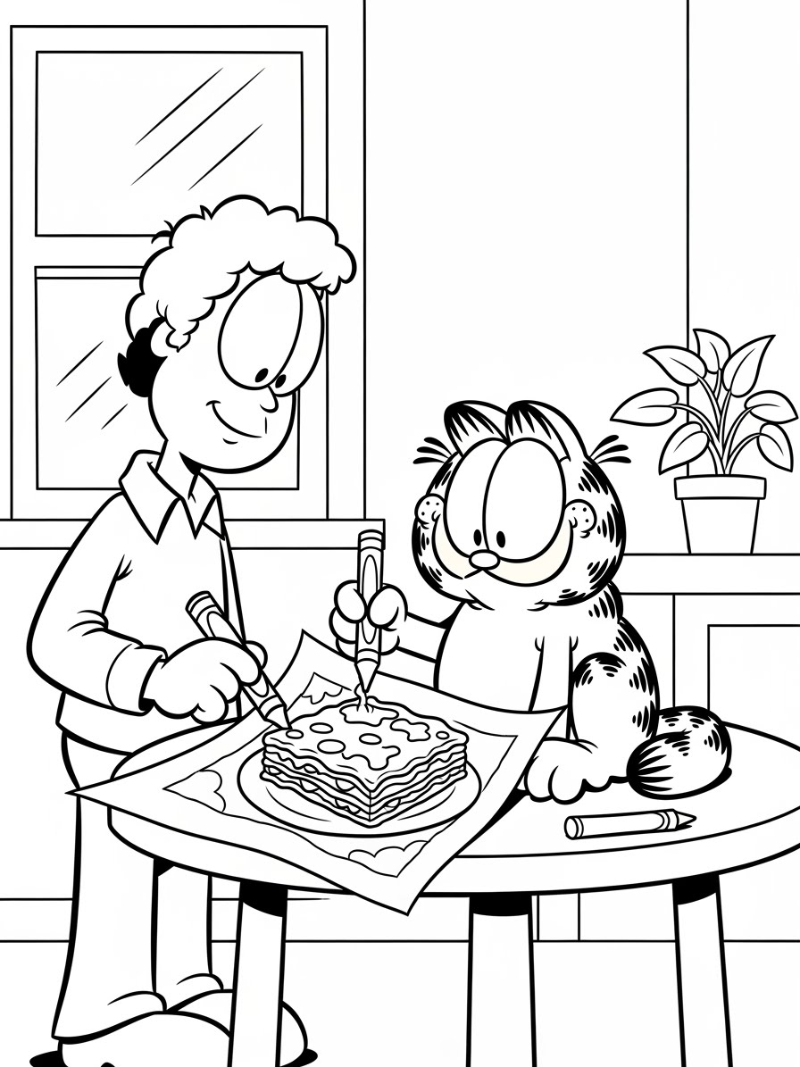 Desenho do Garfield e menino colorindo um bolo para colorir