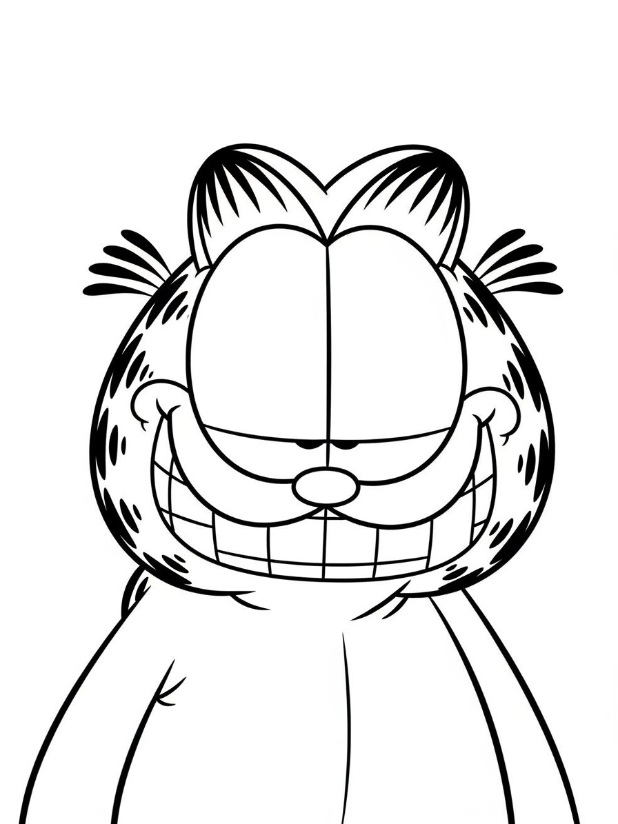 Desenho do Garfield sorrindo com expressão divertida para colorir