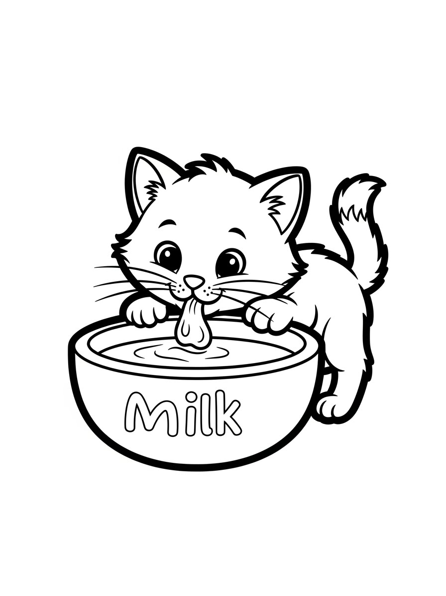 Desenho de Gatinha bebendo leite para colorir