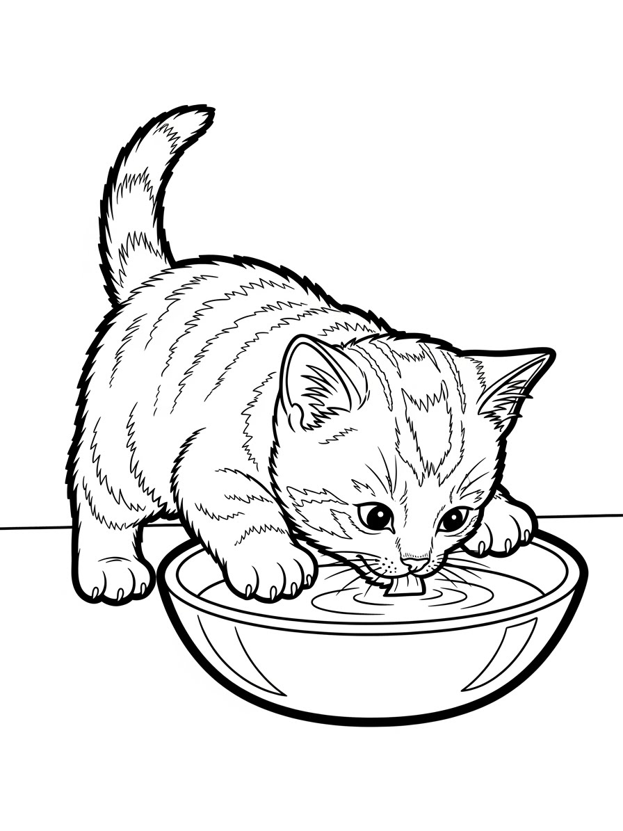 Desenho de Gatinha bebendo água para colorir