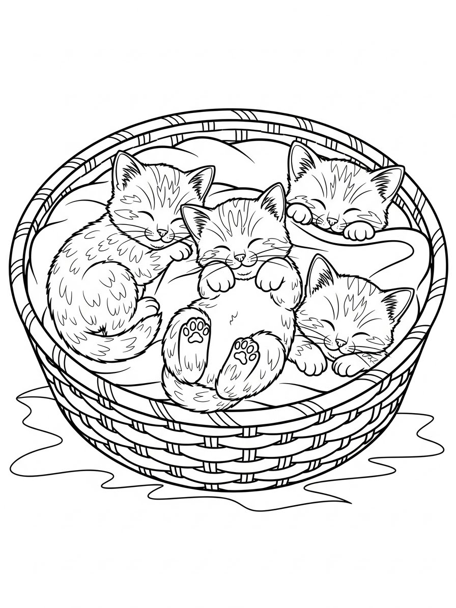 Desenho de Gatinha deitada em cesto para colorir