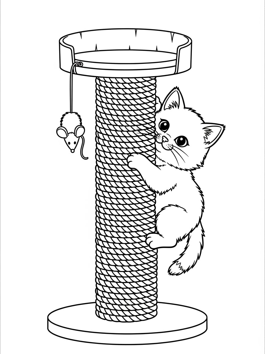 Desenho de Gatinha subindo em arranhador para colorir