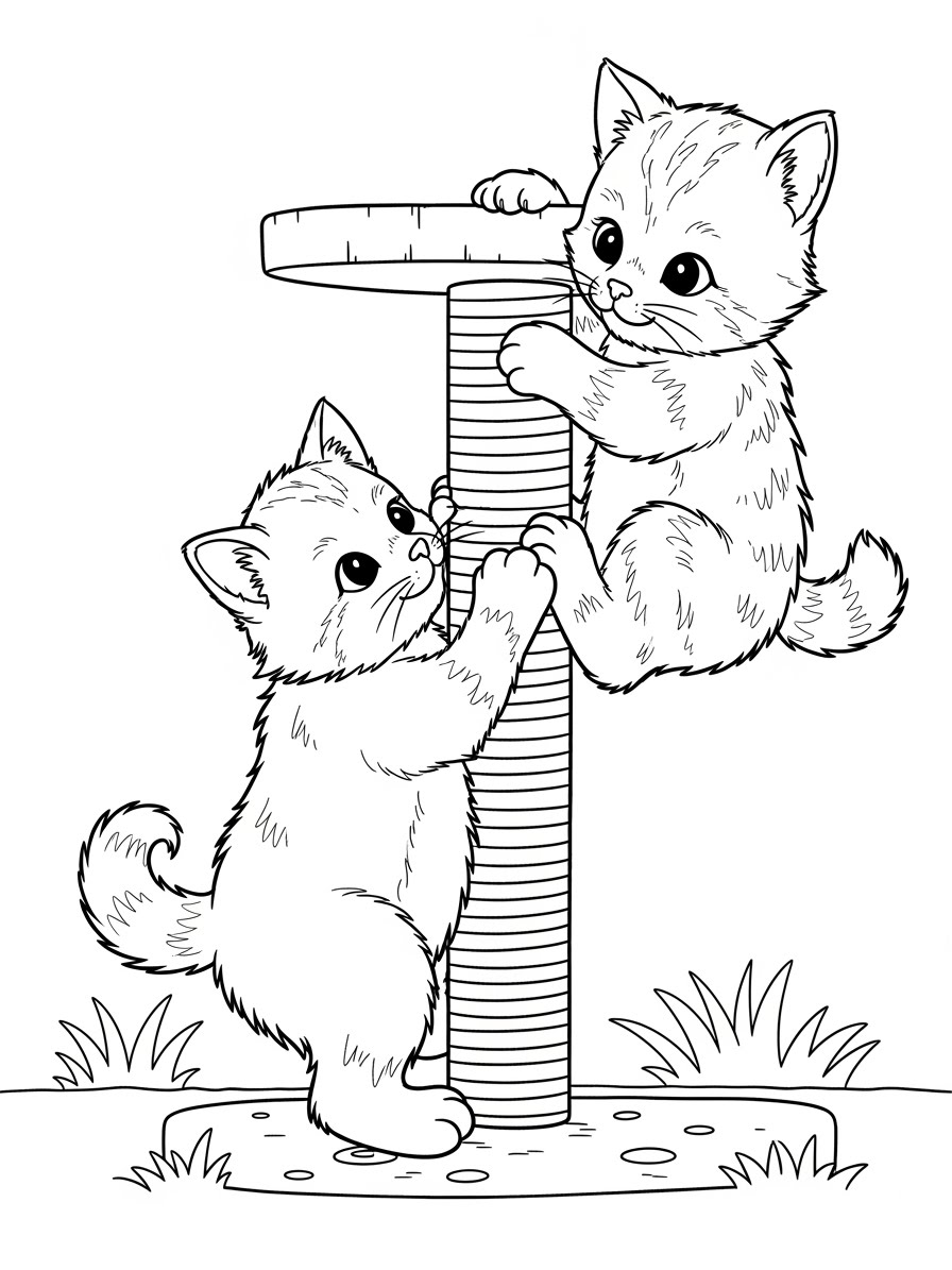 Desenho de Gatinha brincando em arranhador para colorir