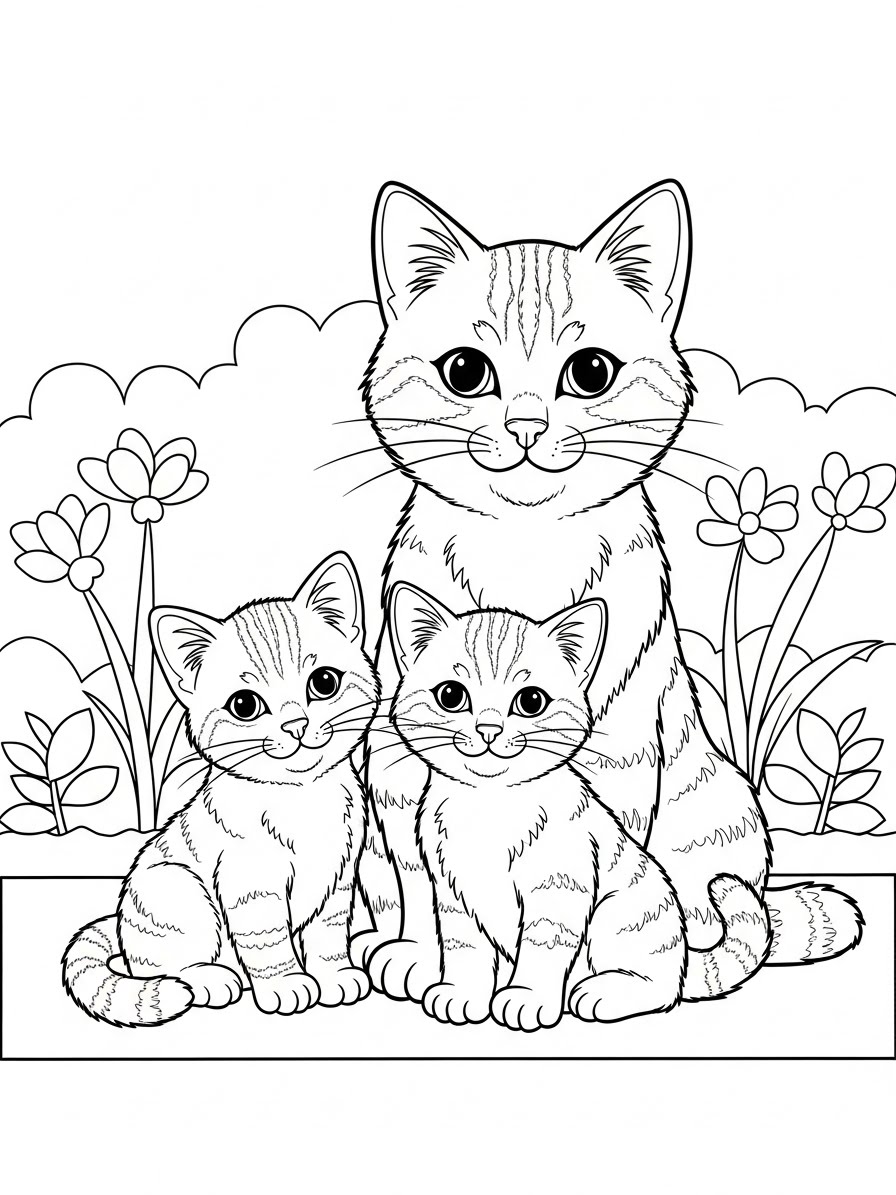 Desenho de Gatinha com filhotes para colorir