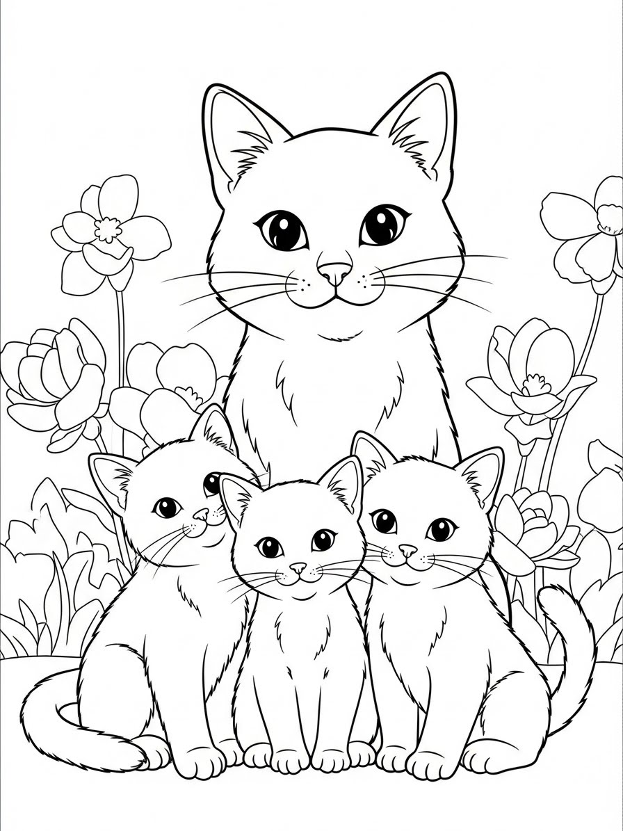Desenho de Gatinha com filhotes em flores para colorir