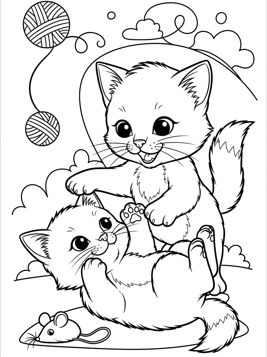 Desenho de Gatinha brincando com fios para colorir