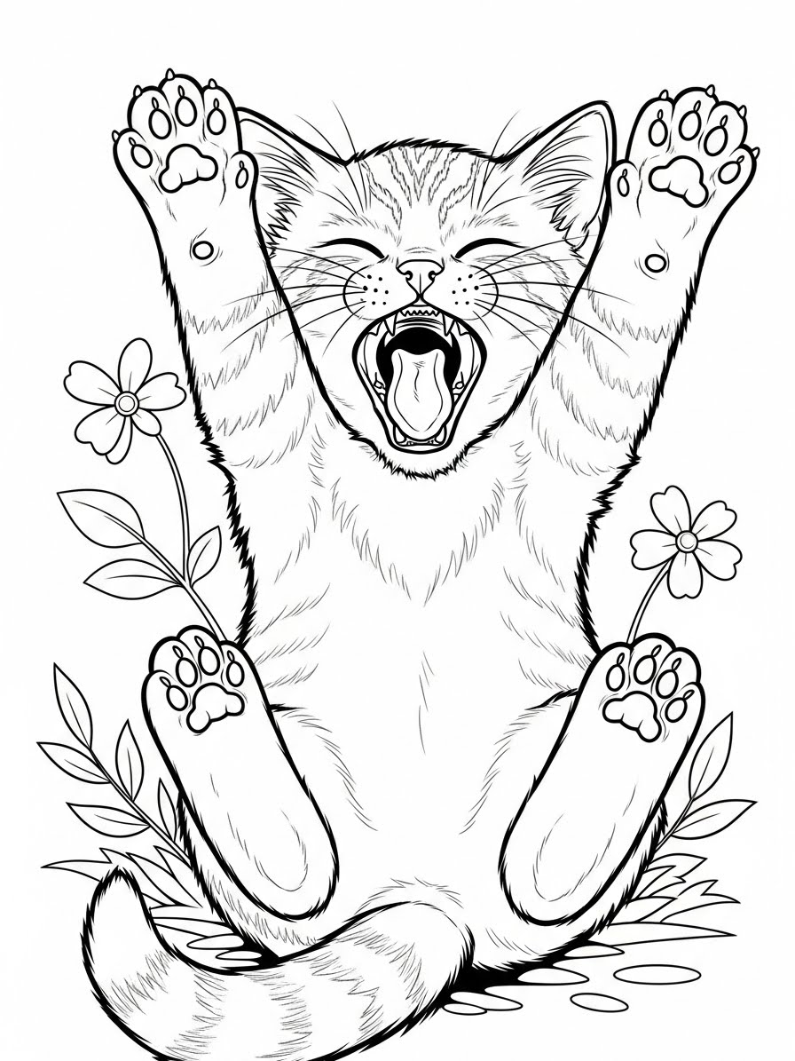 Desenho de Gatinha esticando-se para colorir