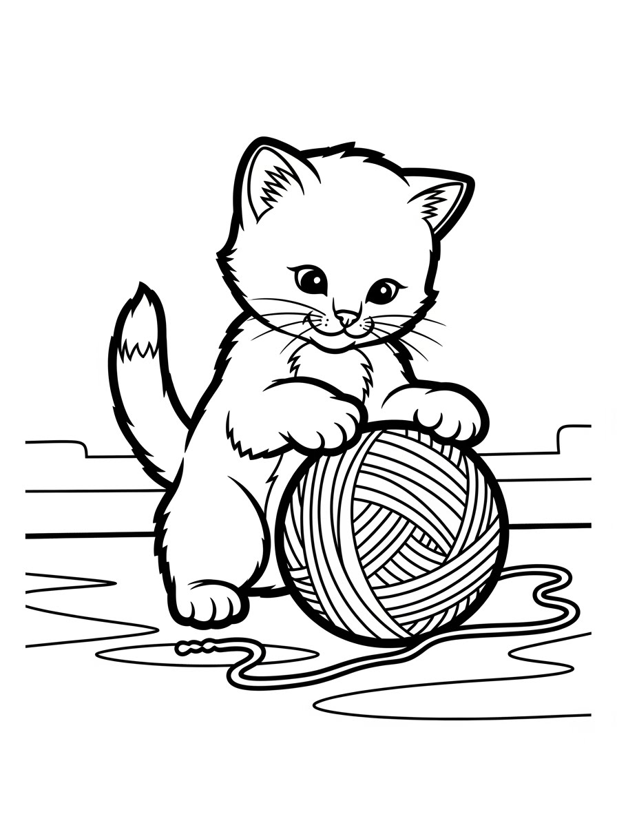 Desenho de Gatinha brincando com novelo para colorir