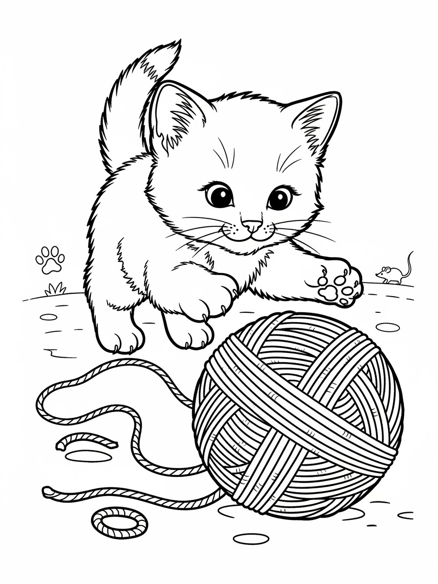 Desenho de Gatinha brincando com novelo para colorir