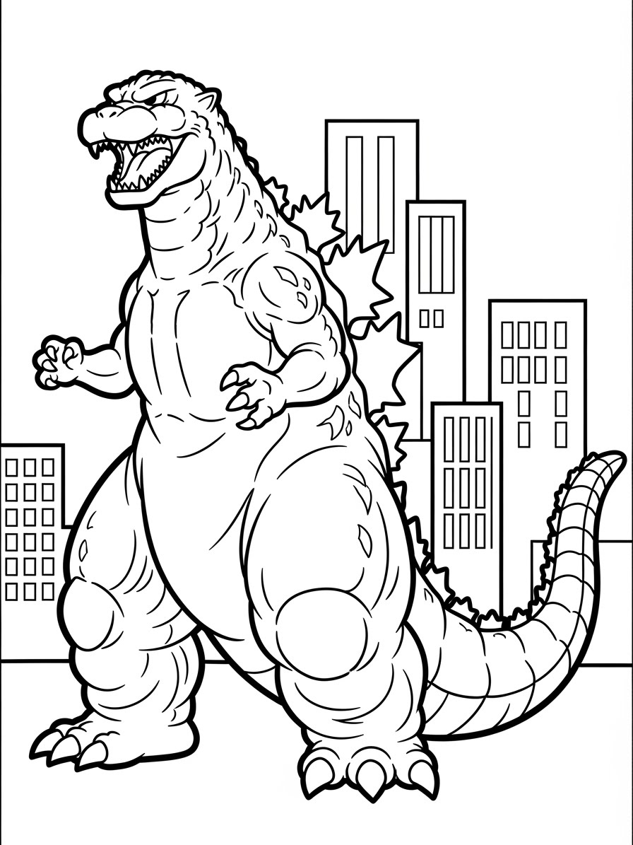 Desenho do Godzilla em pé entre prédios para colorir