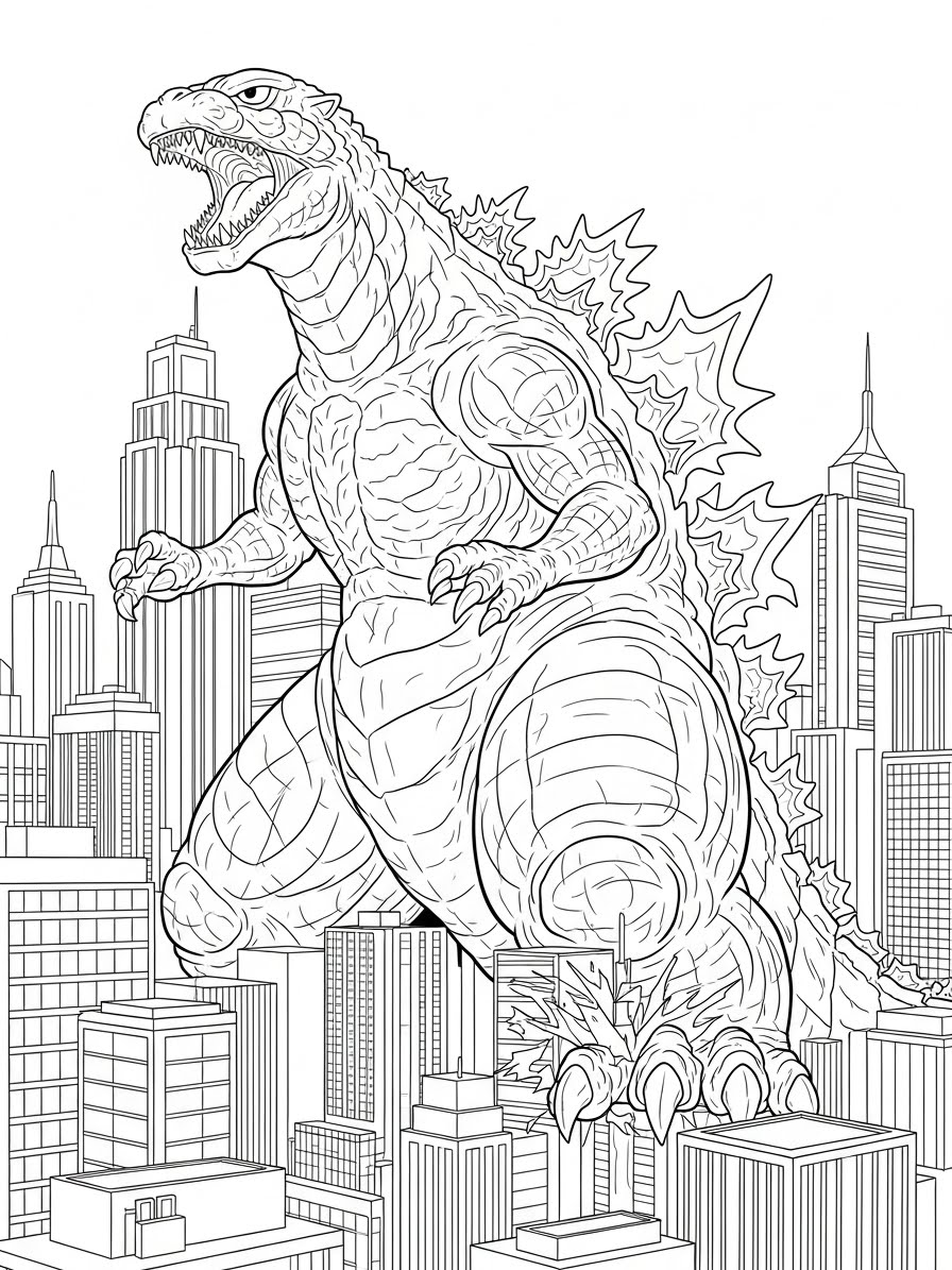 Desenho do Godzilla em cima de edifícios para colorir