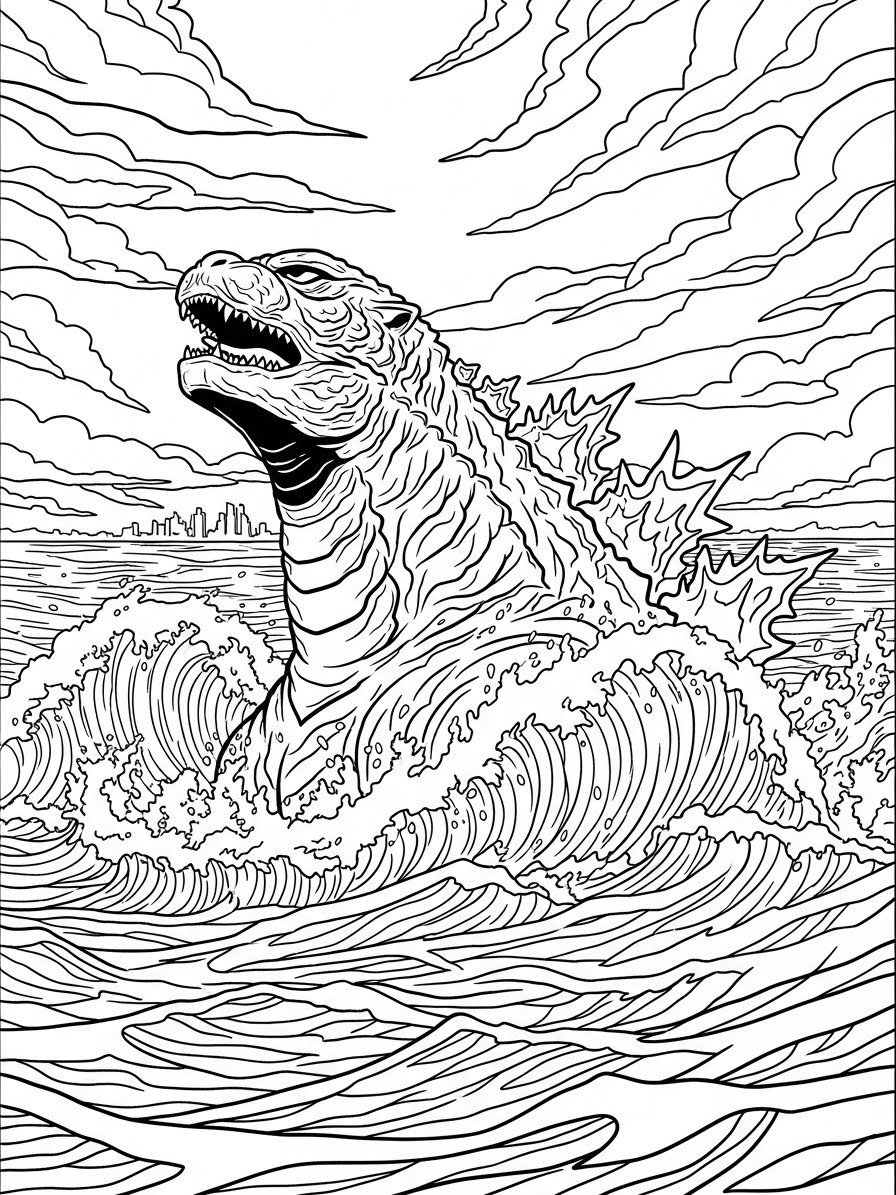 Desenho do Godzilla emergindo do mar para colorir
