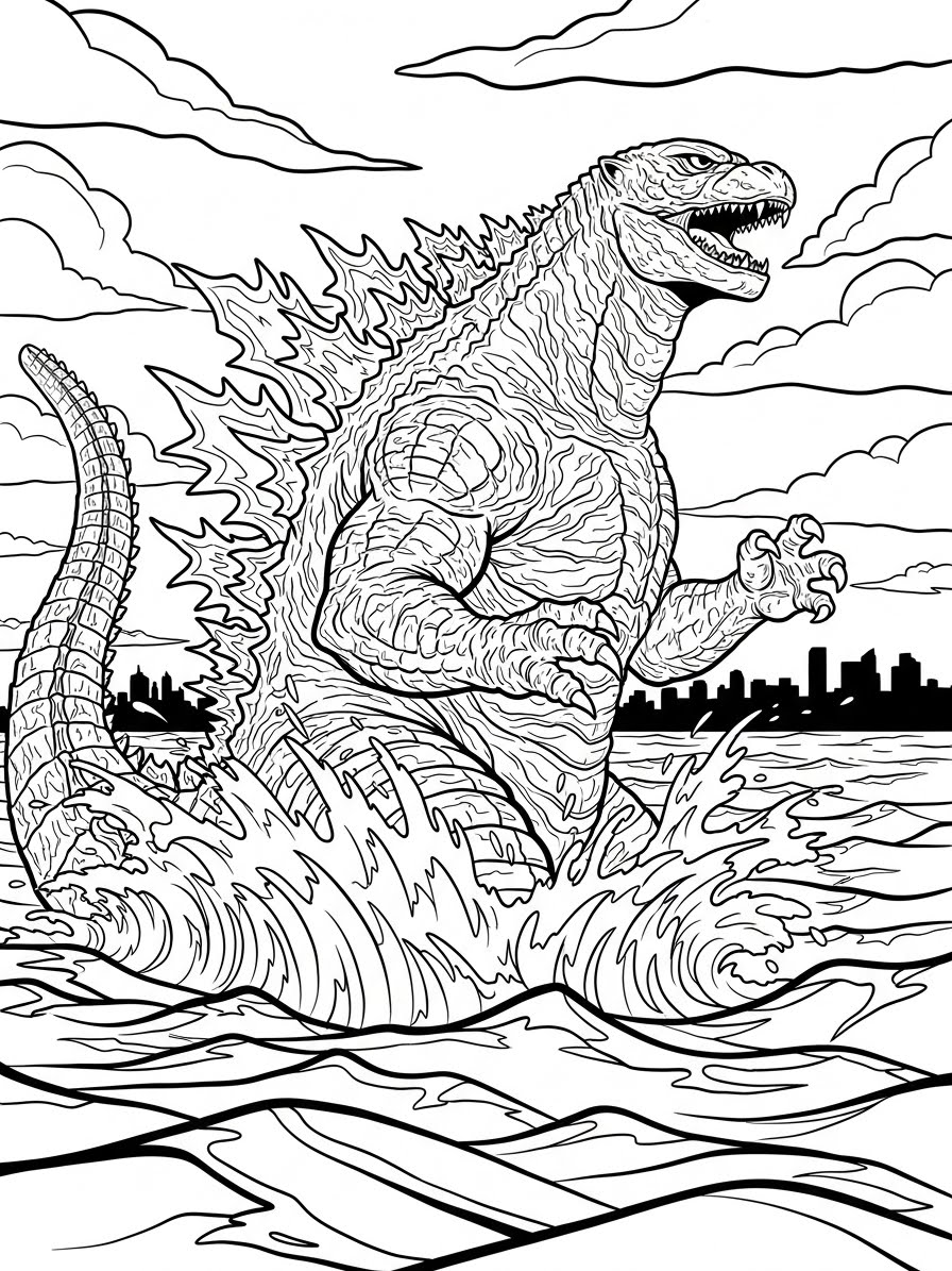 Desenho do Godzilla emergindo do mar para colorir