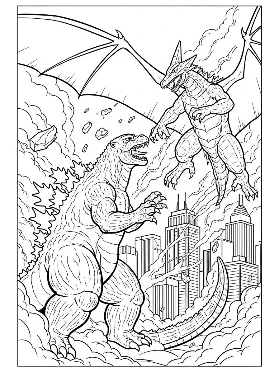 Desenho do Godzilla lutando contra outro monstro para colorir