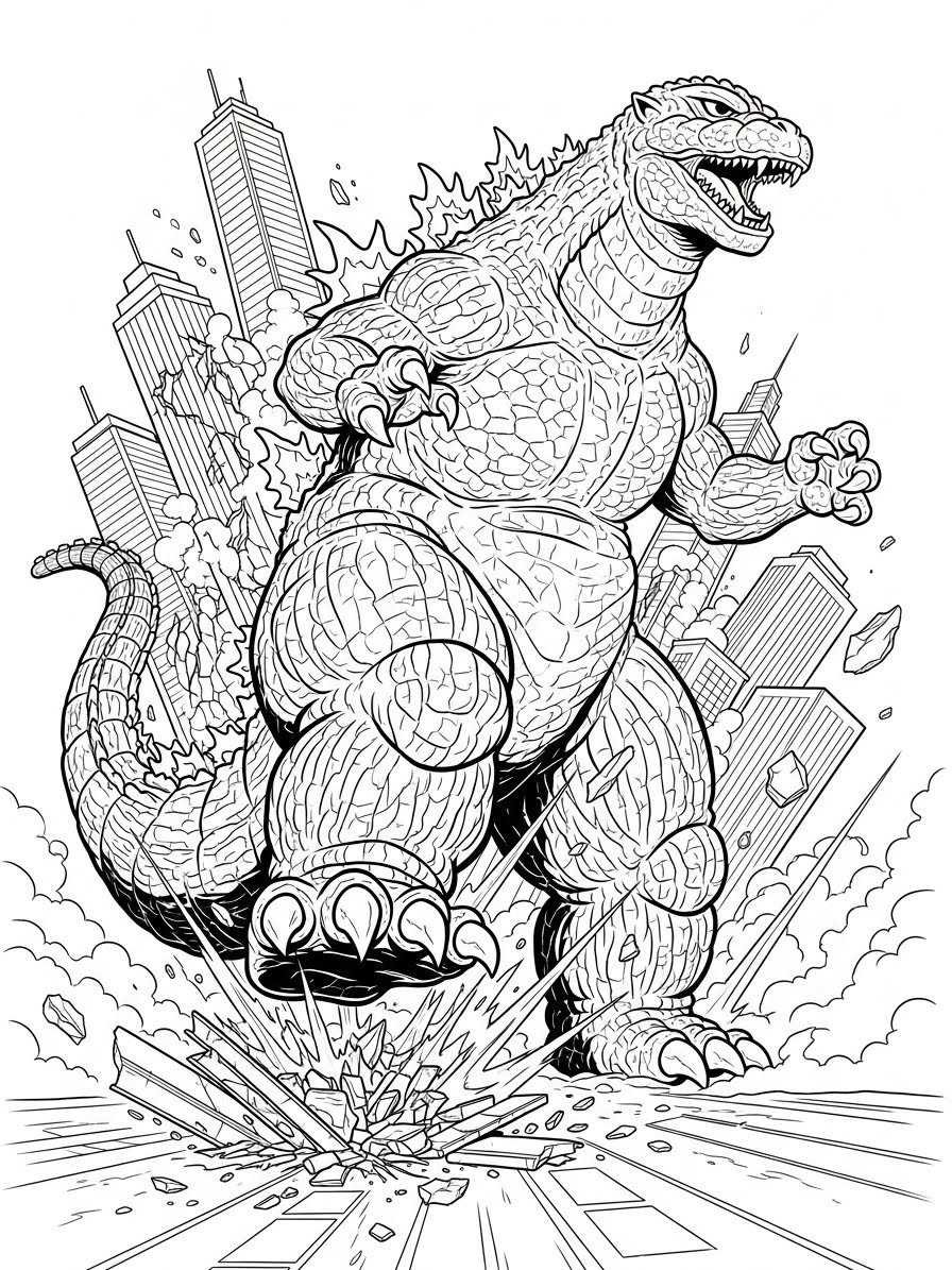 Desenho do Godzilla em ação destruindo a cidade para colorir