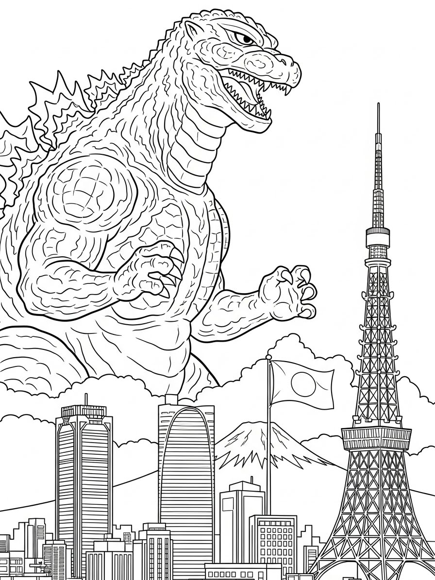 Desenho do Godzilla em frente a arranha-céus para colorir