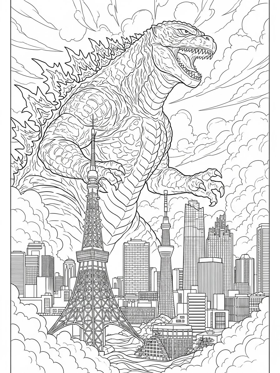 Desenho do Godzilla entre arranha-céus para colorir