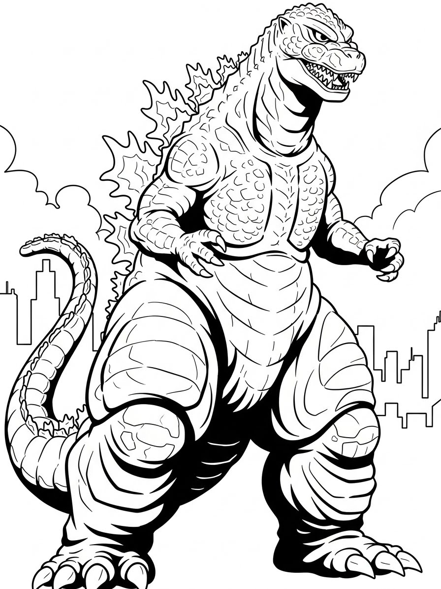 Desenho do Godzilla em pé ao lado de prédios para colorir