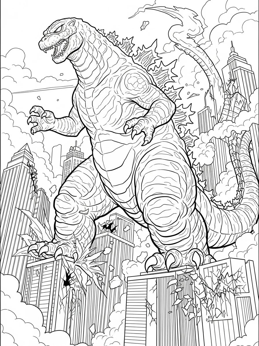 Desenho do Godzilla entre arranha-céus para colorir