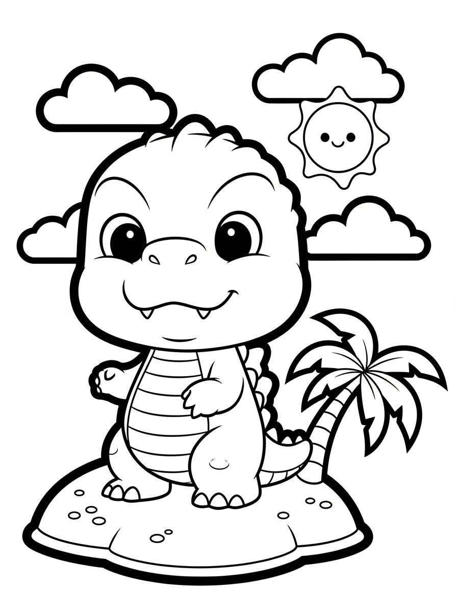 Desenho do Godzilla fofo em uma praia para colorir