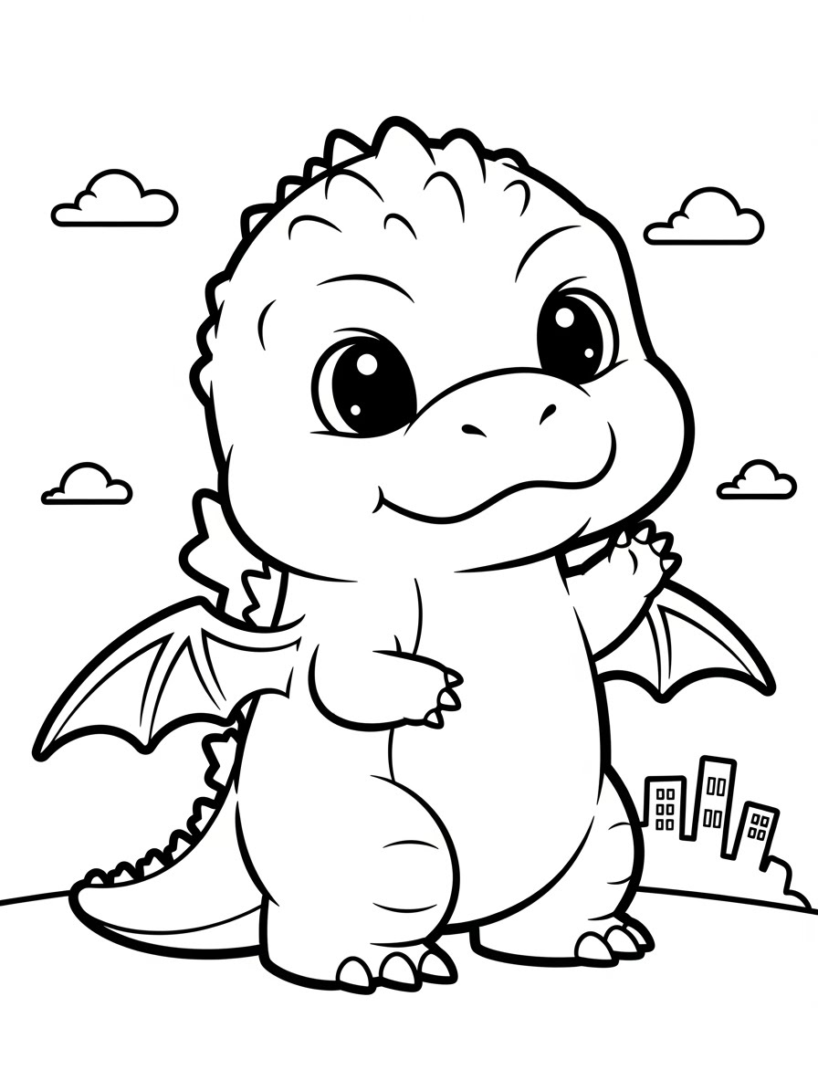 Desenho do Godzilla fofinho com asas para colorir