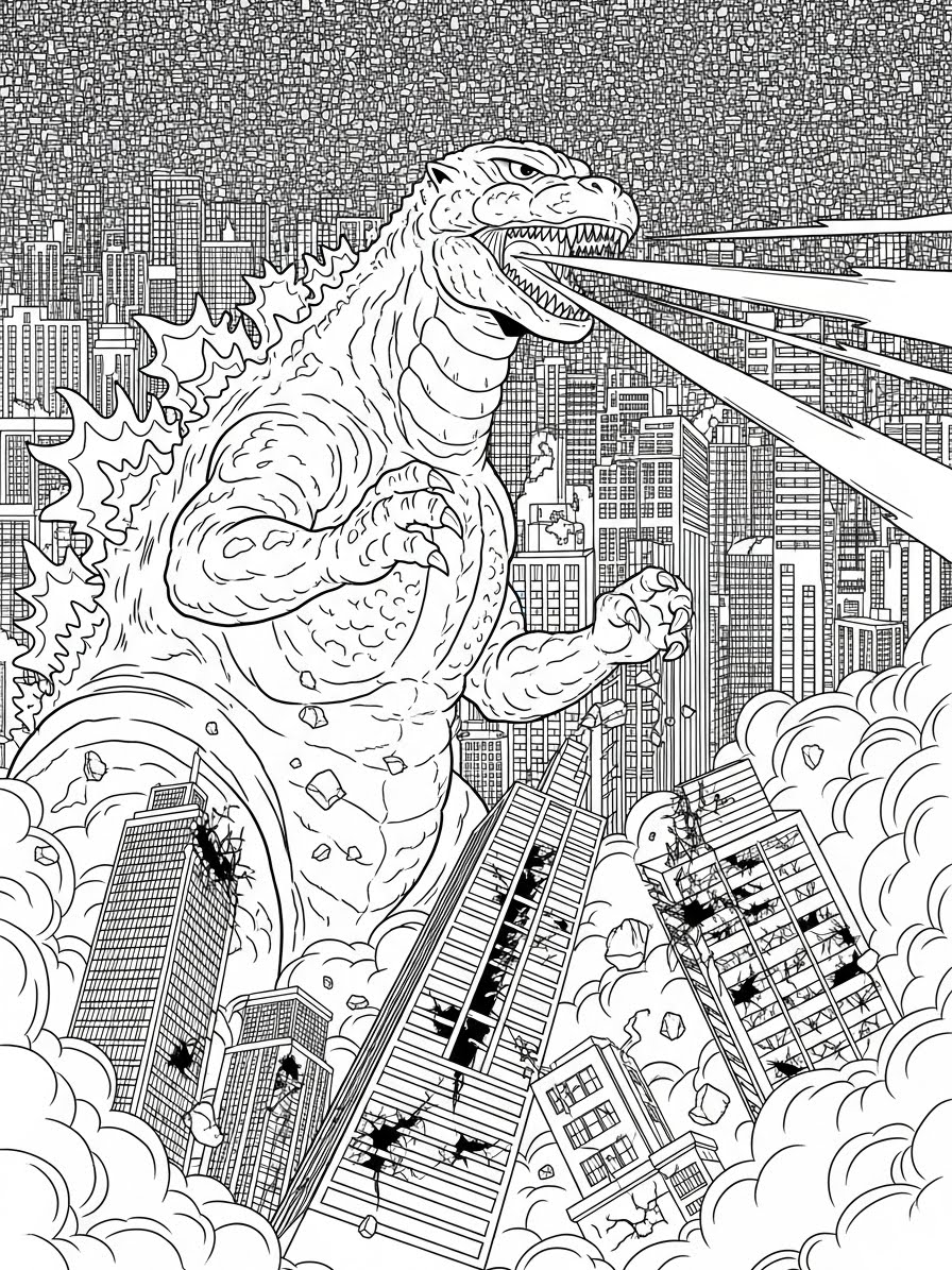 Desenho do Godzilla lançando fogo em uma cidade para colorir