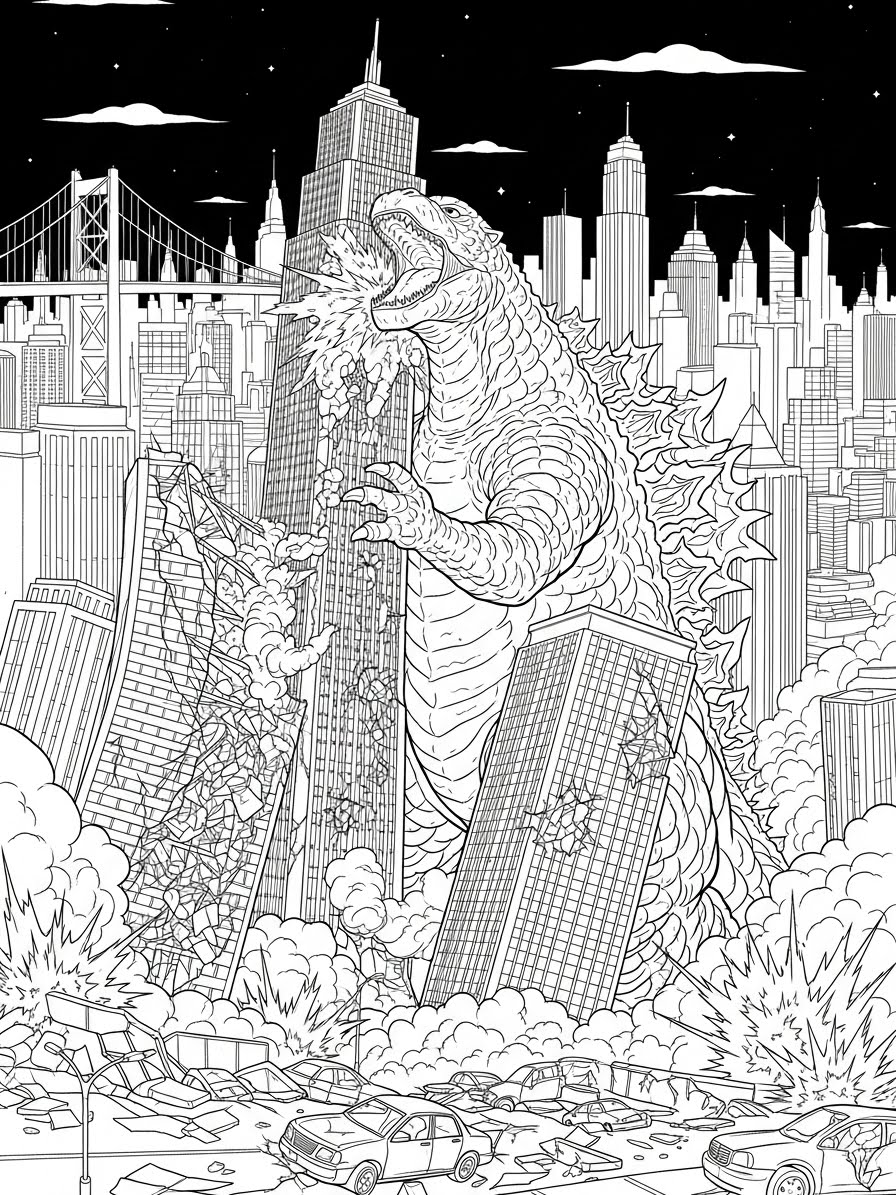 Desenho do Godzilla atacando uma cidade para colorir