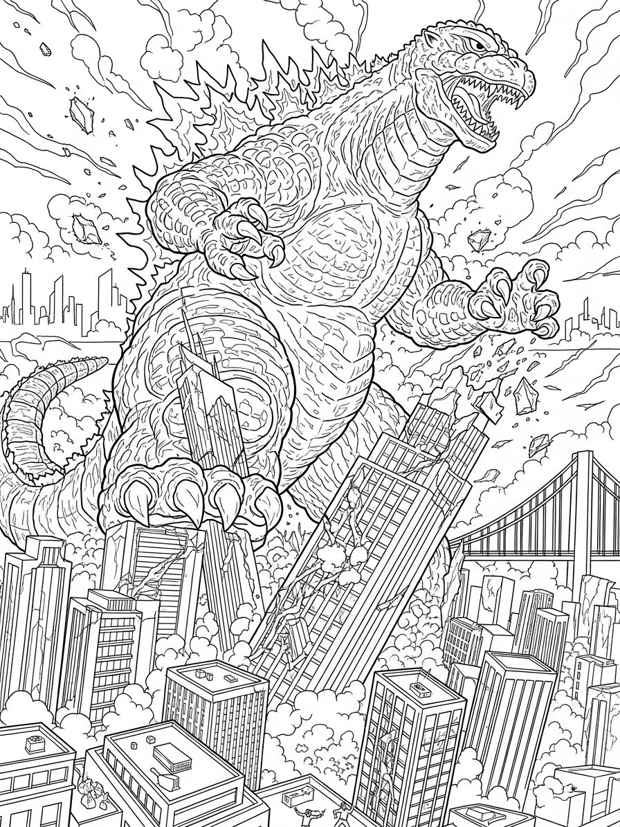 Desenho do Godzilla atacando a cidade para colorir